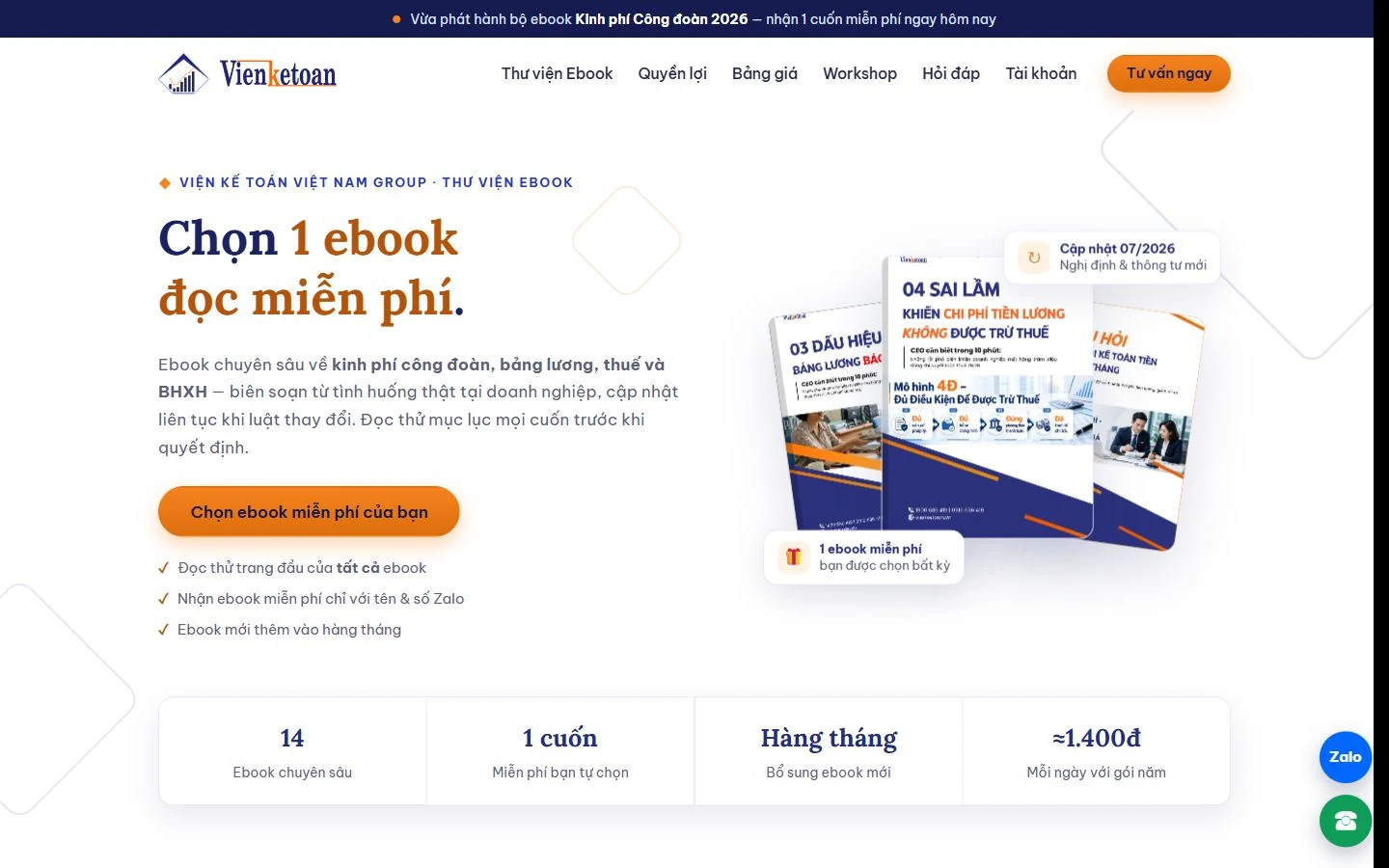 Landing page thư viện ebook Viện Kế Toán đang hoạt động